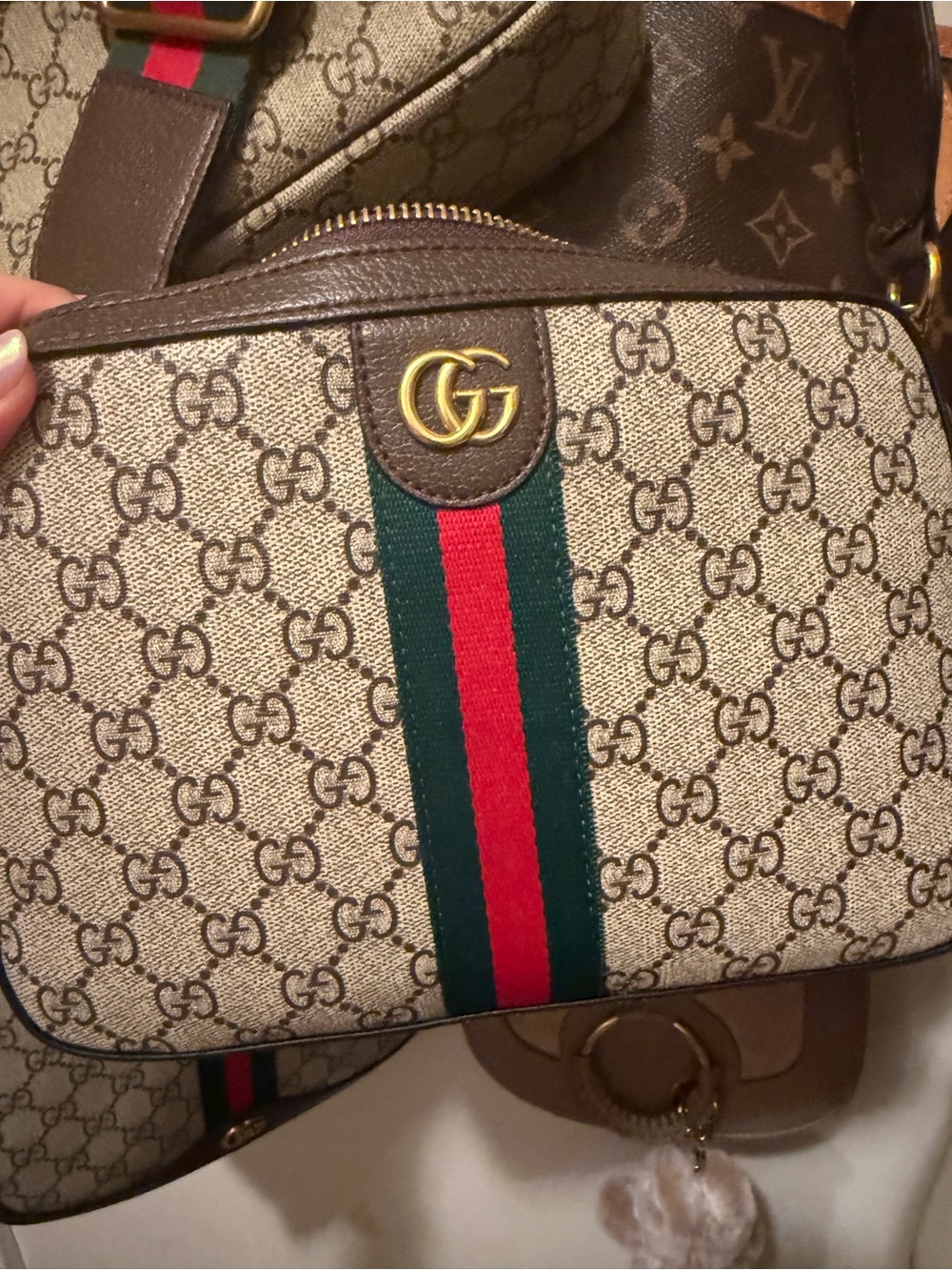 Gucci GG Canvas Crossbody with Green and Red Stripe
